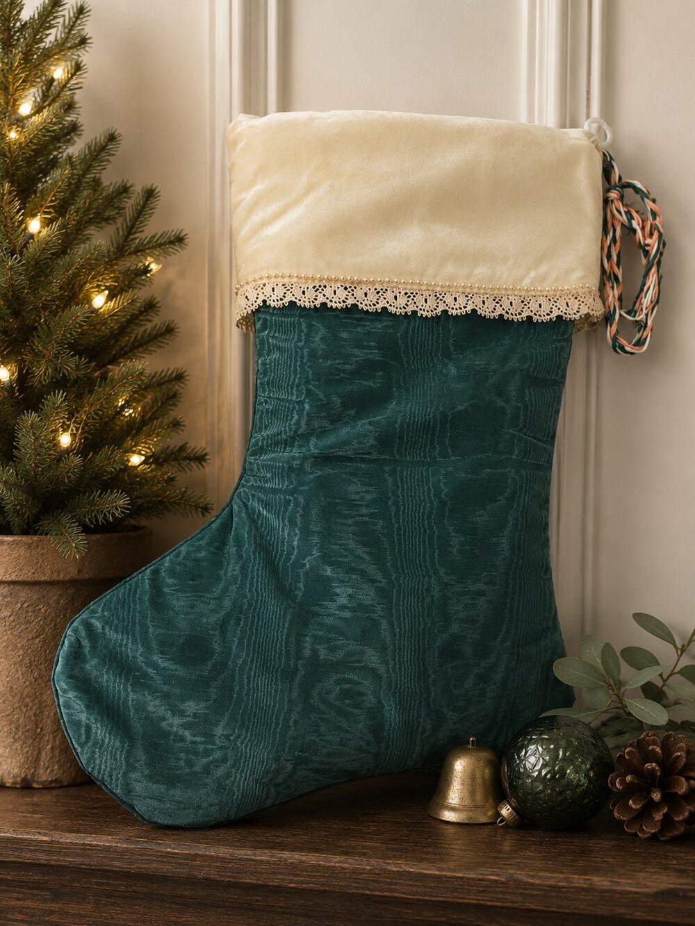 Handmade Vintage Christmas Stocking Green & Ivory Lace Trim 18.5"